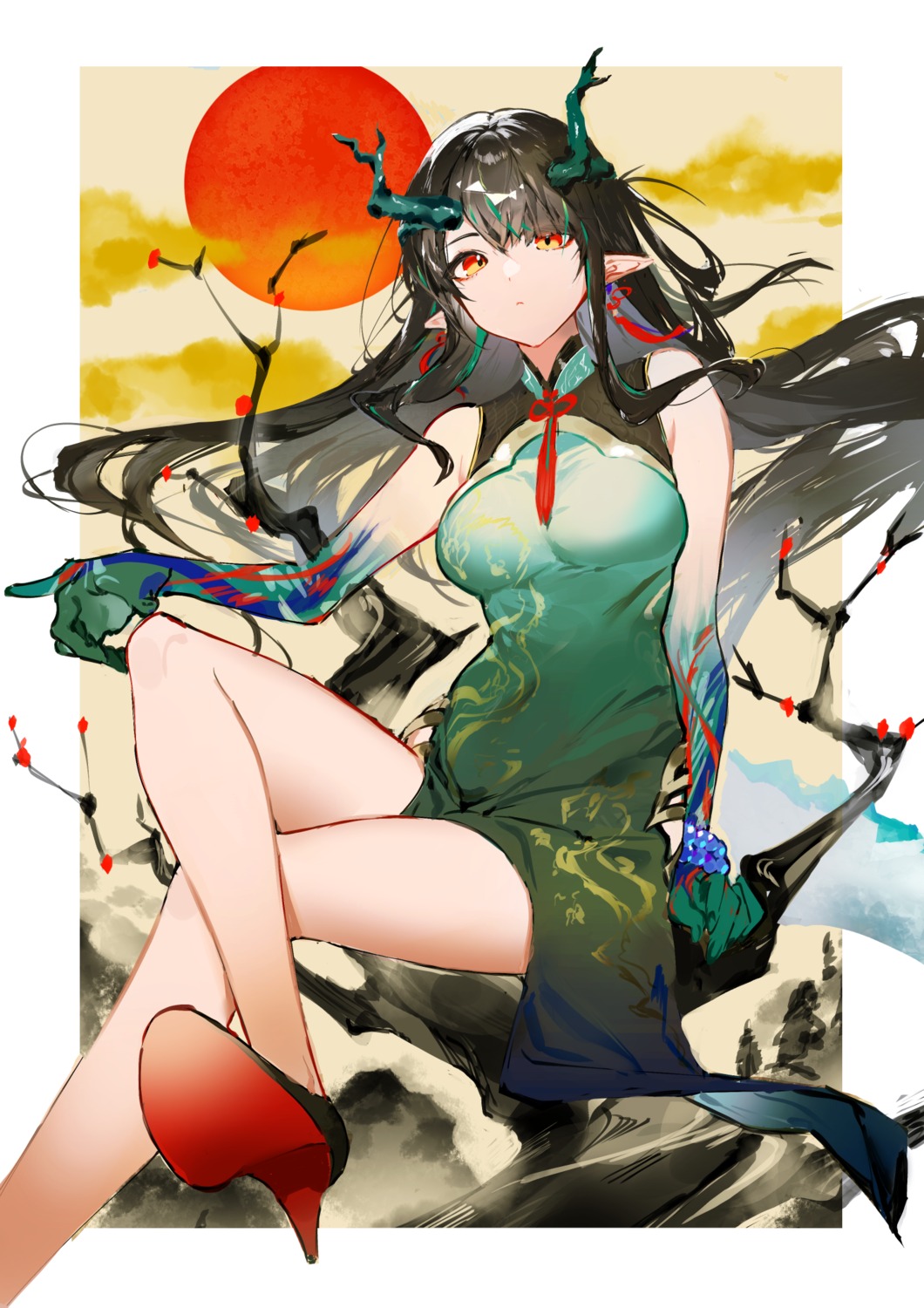 arknights, chinadress, dusk_(arknights), heels, horns, ichibi, pointy_ears