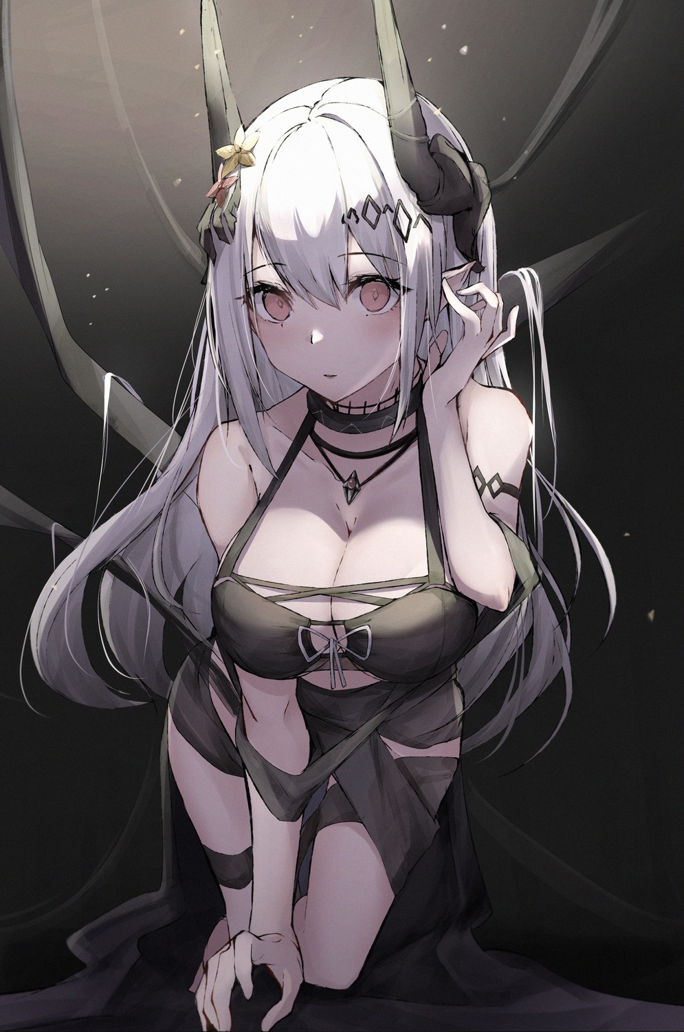 arknights, bikini_top, horns, kurohikage, mudrock_(arknights), pointy_ears, swimsuits