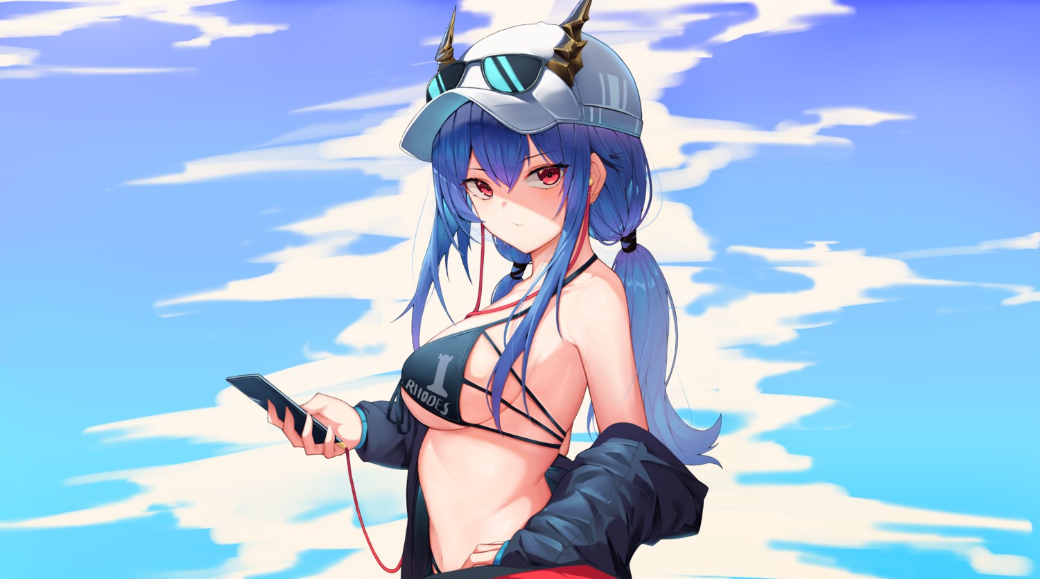 aoria, arknights, bikini, ch'en_(arknights), horns, megane, open_shirt, swimsuits
