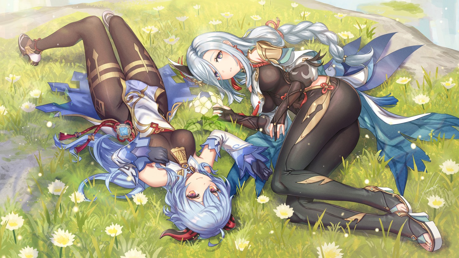 ambe_yoshiro, asian_clothes, ass, bodysuit, ganyu, genshin_impact, heels, horns, leotard, pantyhose, shenhe, wallpaper