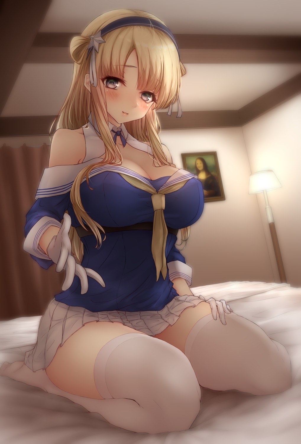 cleavage, fletcher_(kancolle), kantai_collection, nuka_(nvkka), seifuku, thighhighs