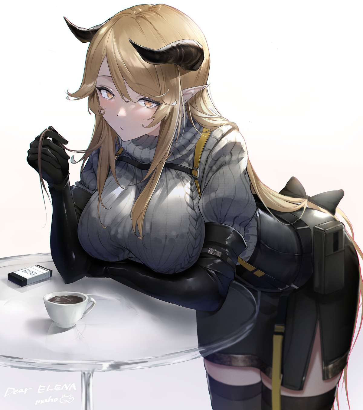 arknights, drmaho1, horns, meteorite_(arknights), pointy_ears, sweater, thighhighs