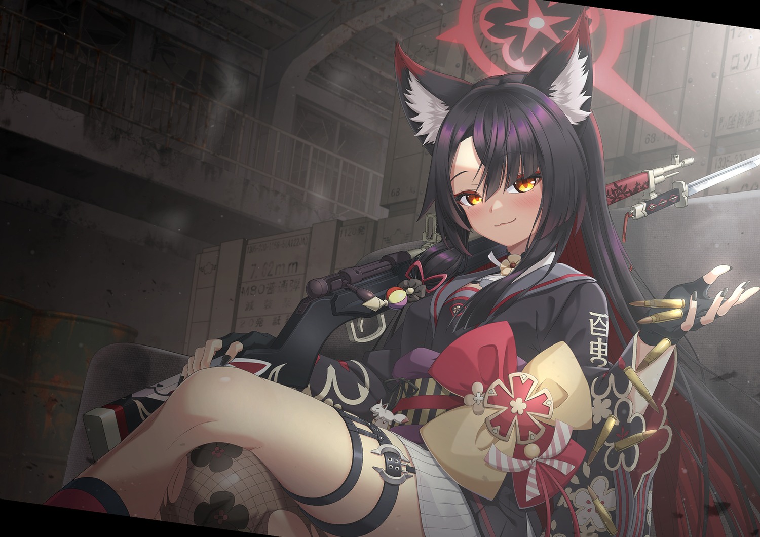 animal_ears, blue_archive, fishnets, garter, gun, halo, kido_airaku, kitsune, kosaka_wakamo, seifuku, torn_clothes