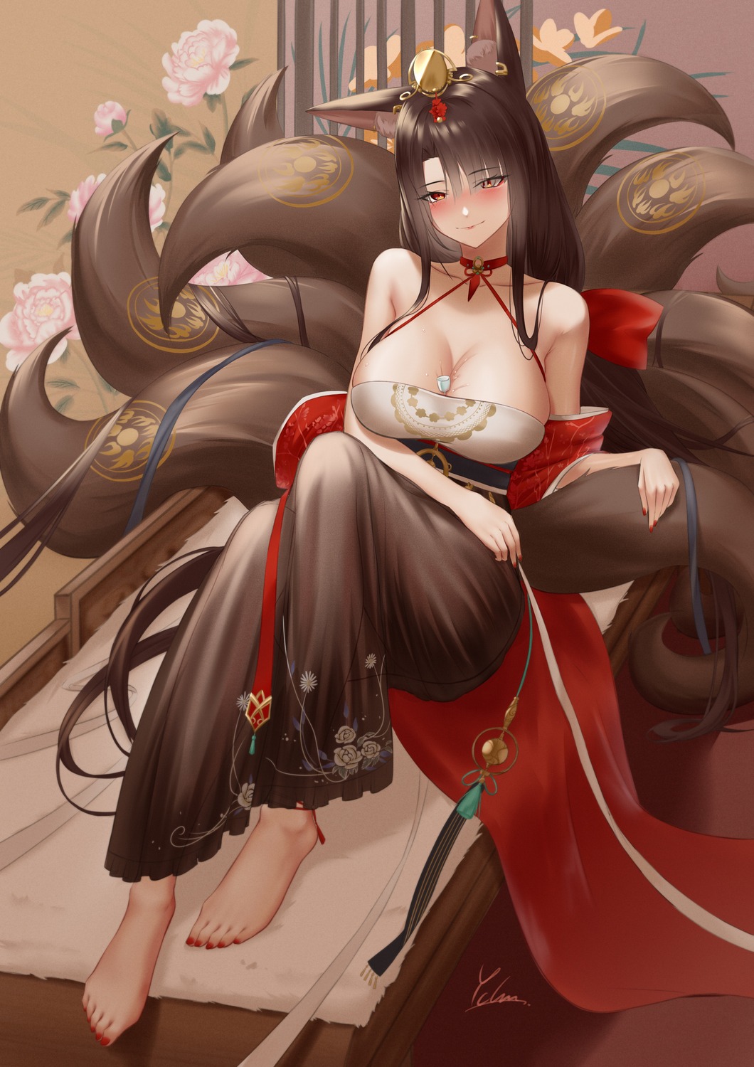 akagi_(azur_lane), animal_ears, azur_lane, ichikushi_mojibake, japanese_clothes, kitsune, no_bra, tail