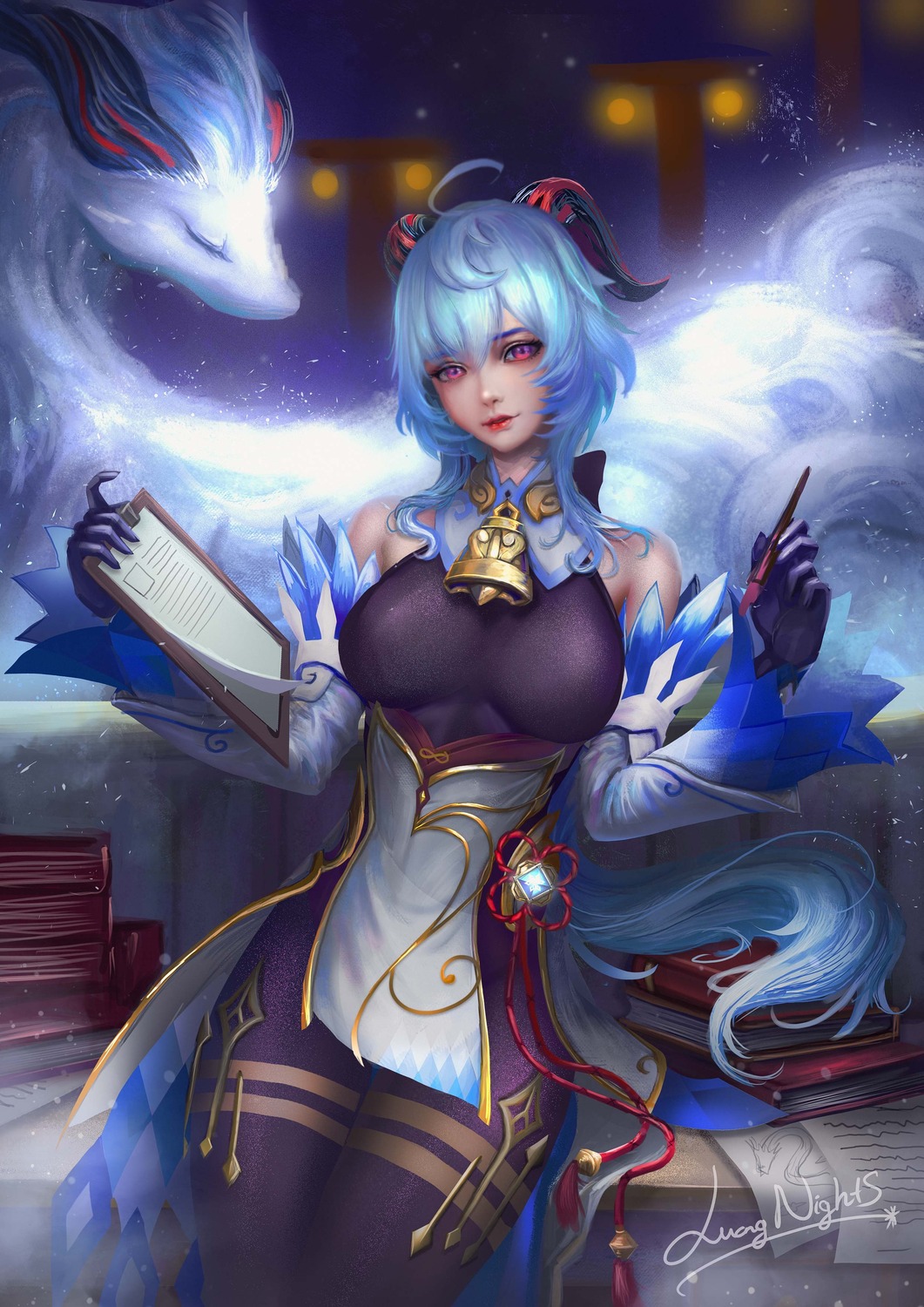 asian_clothes, bodysuit, ganyu, genshin_impact, horns, luongnights, monster