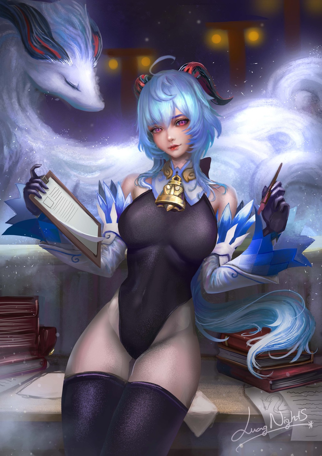 ganyu, genshin_impact, horns, leotard, luongnights, monster, thighhighs