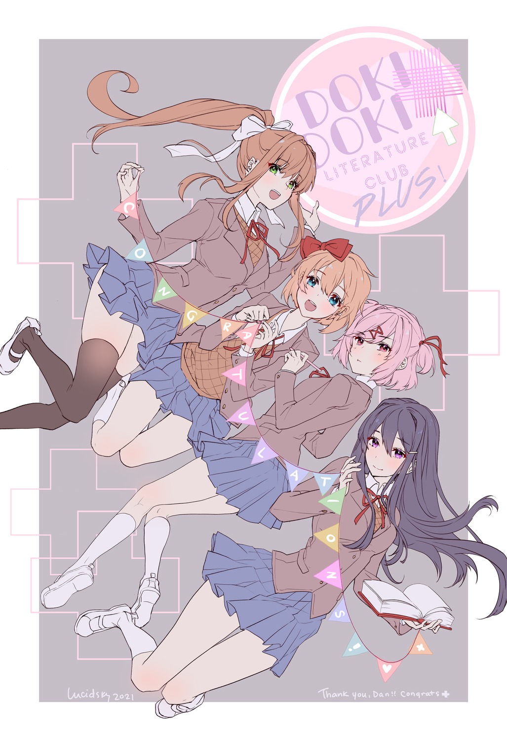 doki_doki_literature_club!, lucidsky, monika_(doki_doki_literature_club!), natsuki_(doki_doki_literature_club!), sayori_(doki_doki_literature_club!), seifuku, sweater, thighhighs