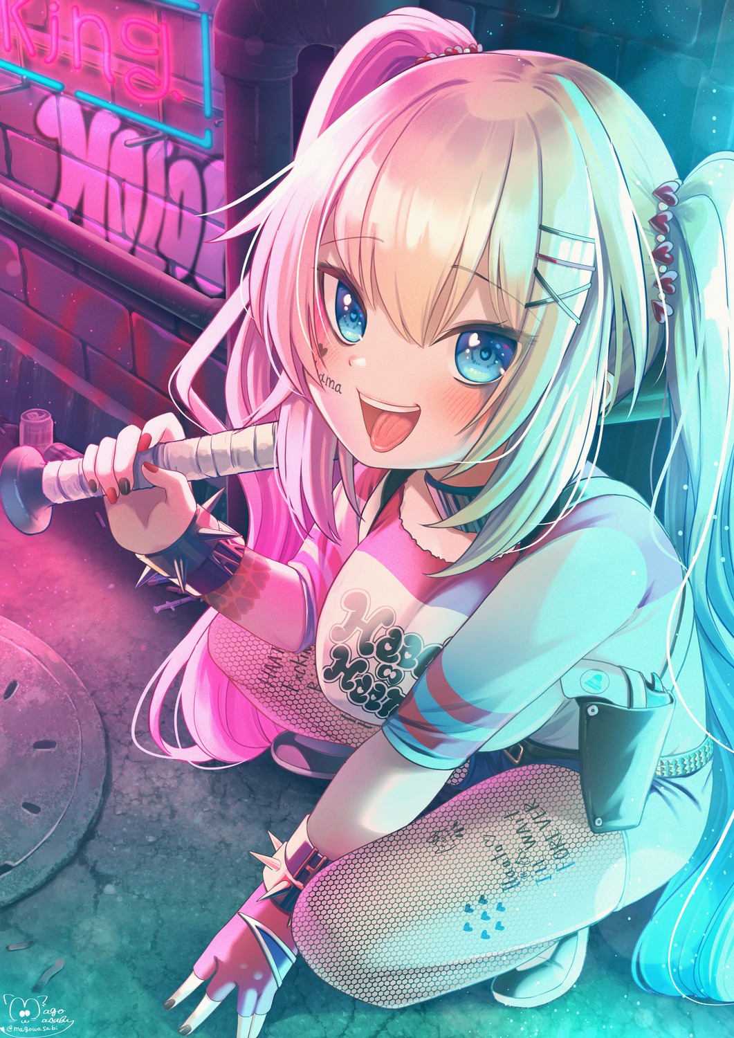 akai_haato, fishnets, gun, hololive, magowasabi, pantyhose, tattoo, weapon