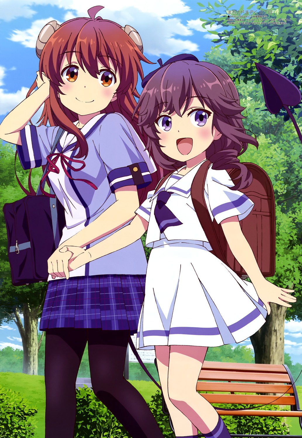 horns, machikado_mazoku, pantyhose, satou_takamitsu, seifuku, tail, yoshida_ryouko, yoshida_yuuko_(machikado_mazoku)