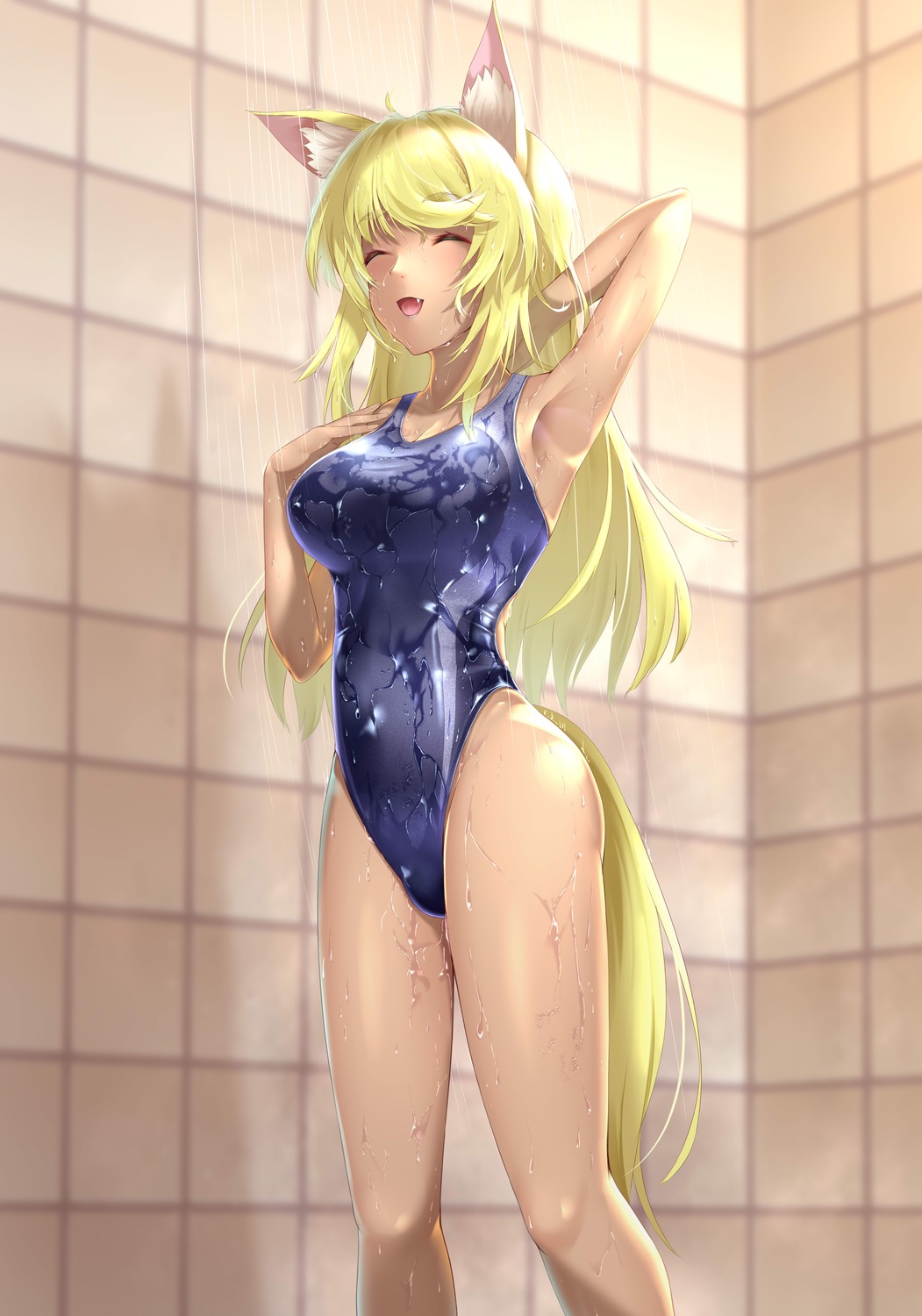 animal_ears, bathing, kamehito, liru, magical_pokaan, school_swimsuit, swimsuits, tail