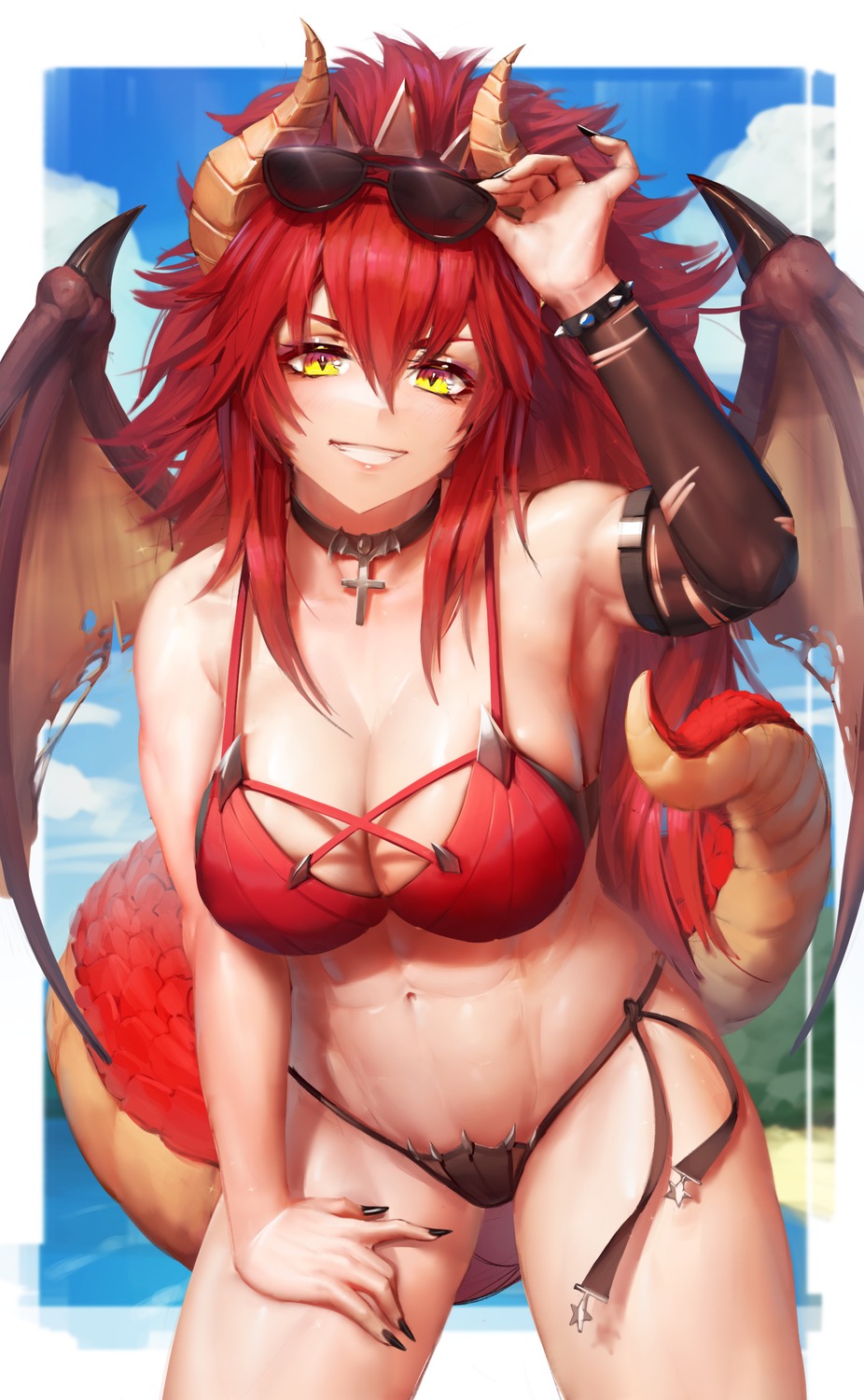 bikini, horns, megane, monster_girl, numanoan, swimsuits, tail, vshojo, wings, zentreya