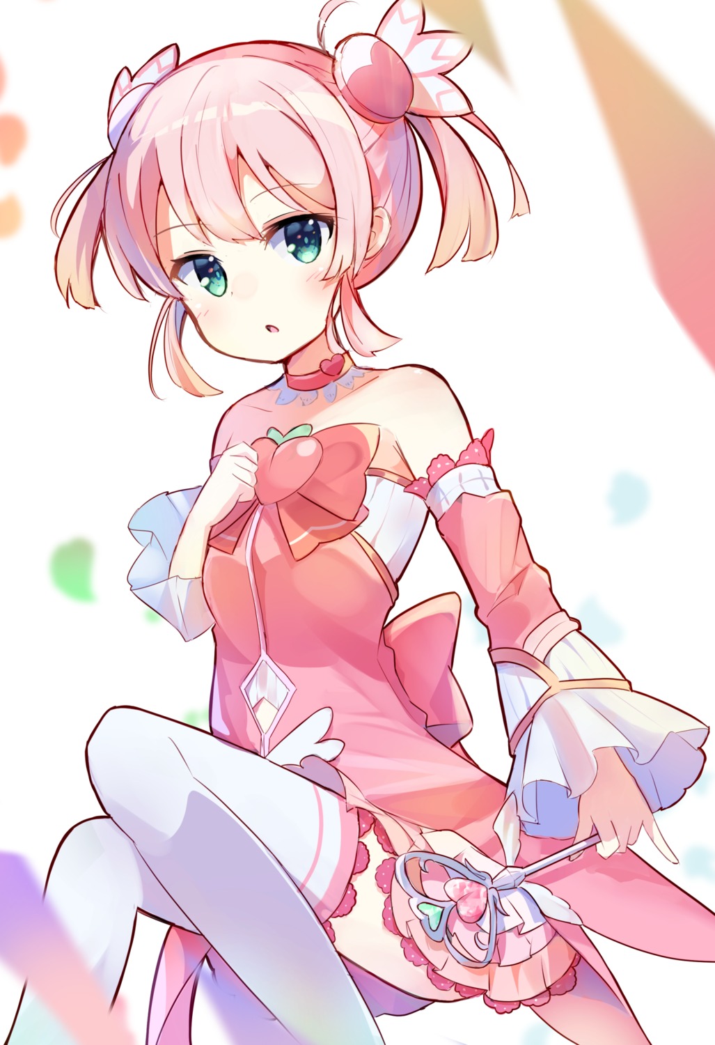 chiyoda_momo, haemori_ako, machikado_mazoku, skirt_lift, thighhighs, weapon