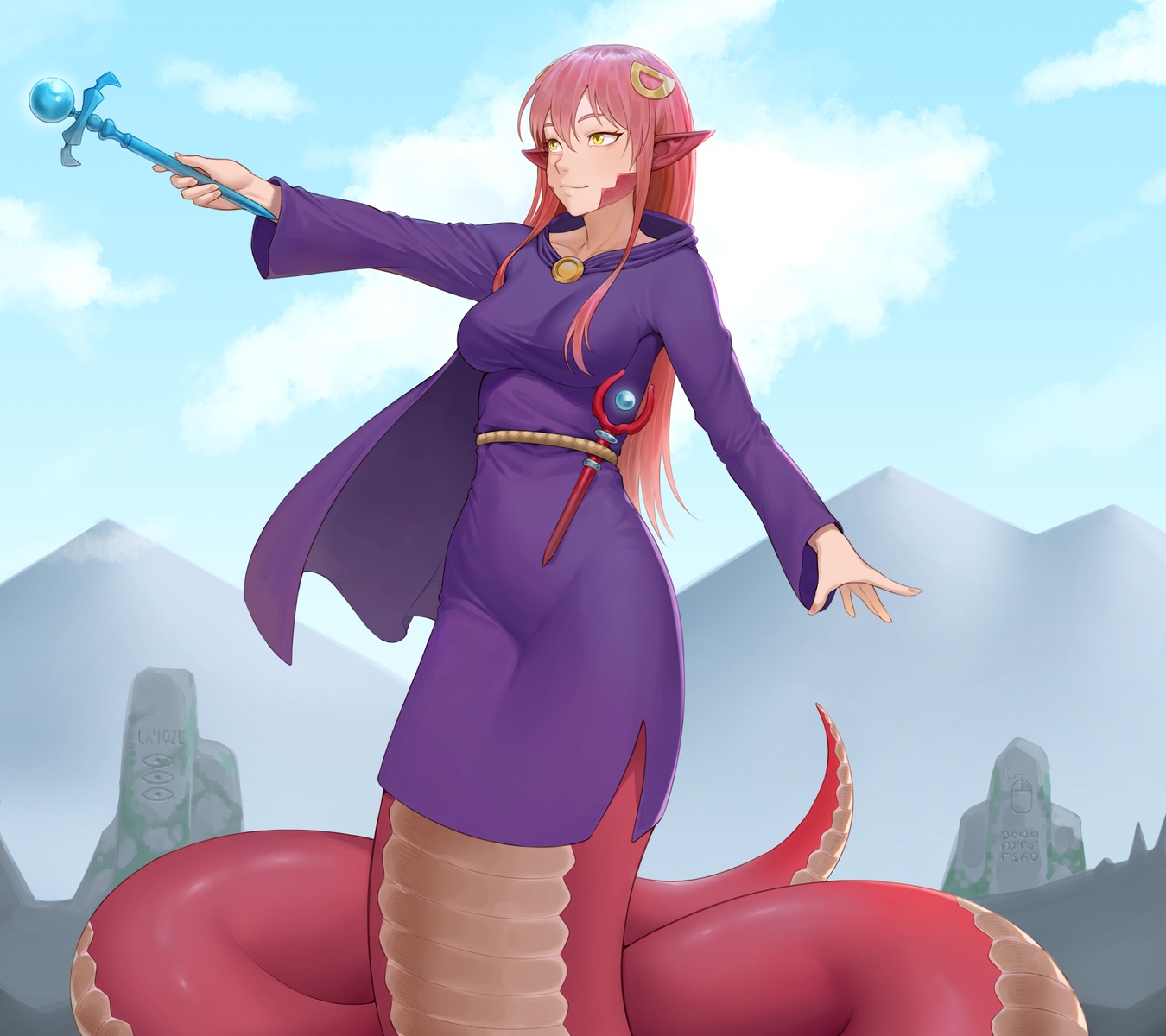 cheshirrr, miia_(monster_musume), monster_girl, monster_musume_no_iru_nichijou, pointy_ears, tail, witch