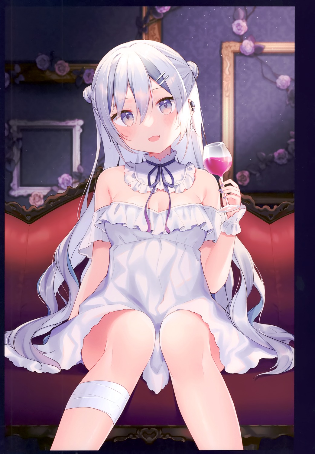 bandages, cleavage, dress, gelatin*, no_bra, shiino_sera, skirt_lift
