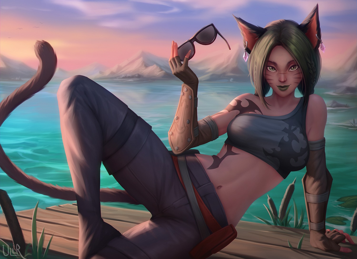 animal_ears, armor, final_fantasy, final_fantasy_xiv, megane, miqo'te, nekomimi, tail, tattoo, ullr20