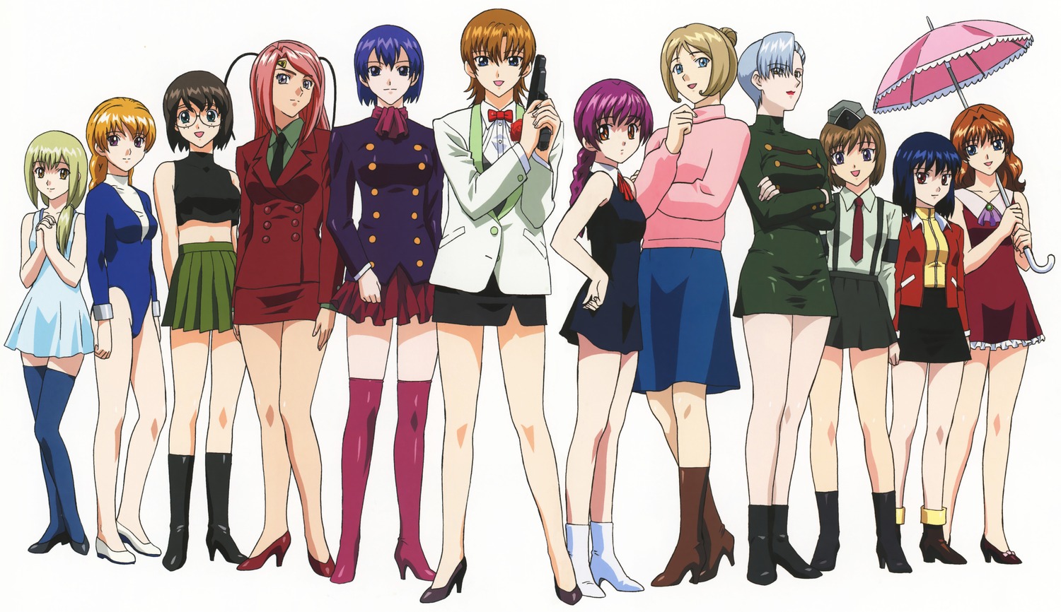 bbb_(najica), dress, elis_(najica), gun, heels, hiiragi_najica, humaritt_zzz_lila, irie_ai, katsuragi_azusa, koharu_(najica), kuronikowa_swaney, leotard, megane, najica_blitz_tactics, newra, serina_(najica), sweater, thighhighs, toni_(najica), umbrella, uniform, xxx_(najica), yamauchi_noriyasu