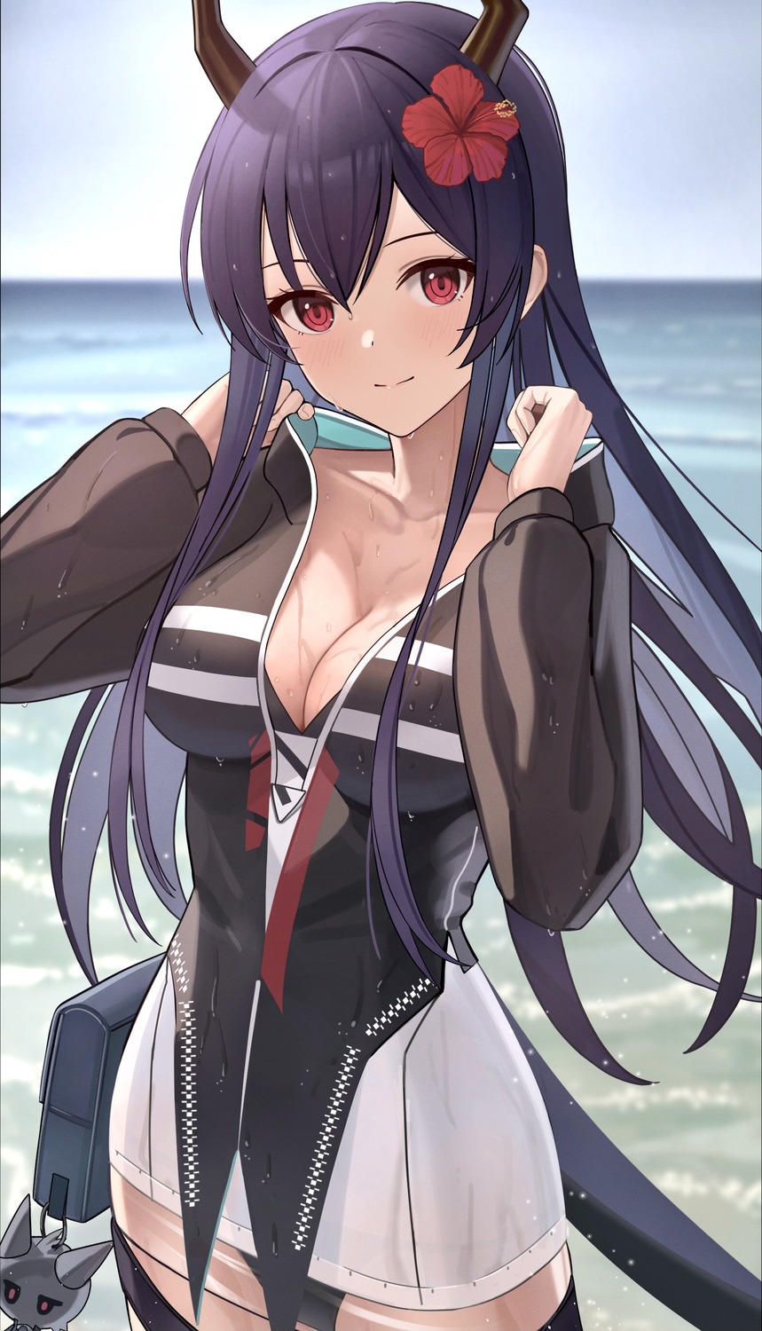 arknights, ch'en_(arknights), cleavage, horns, see_through, swimsuits, tail, teruru0321, wet