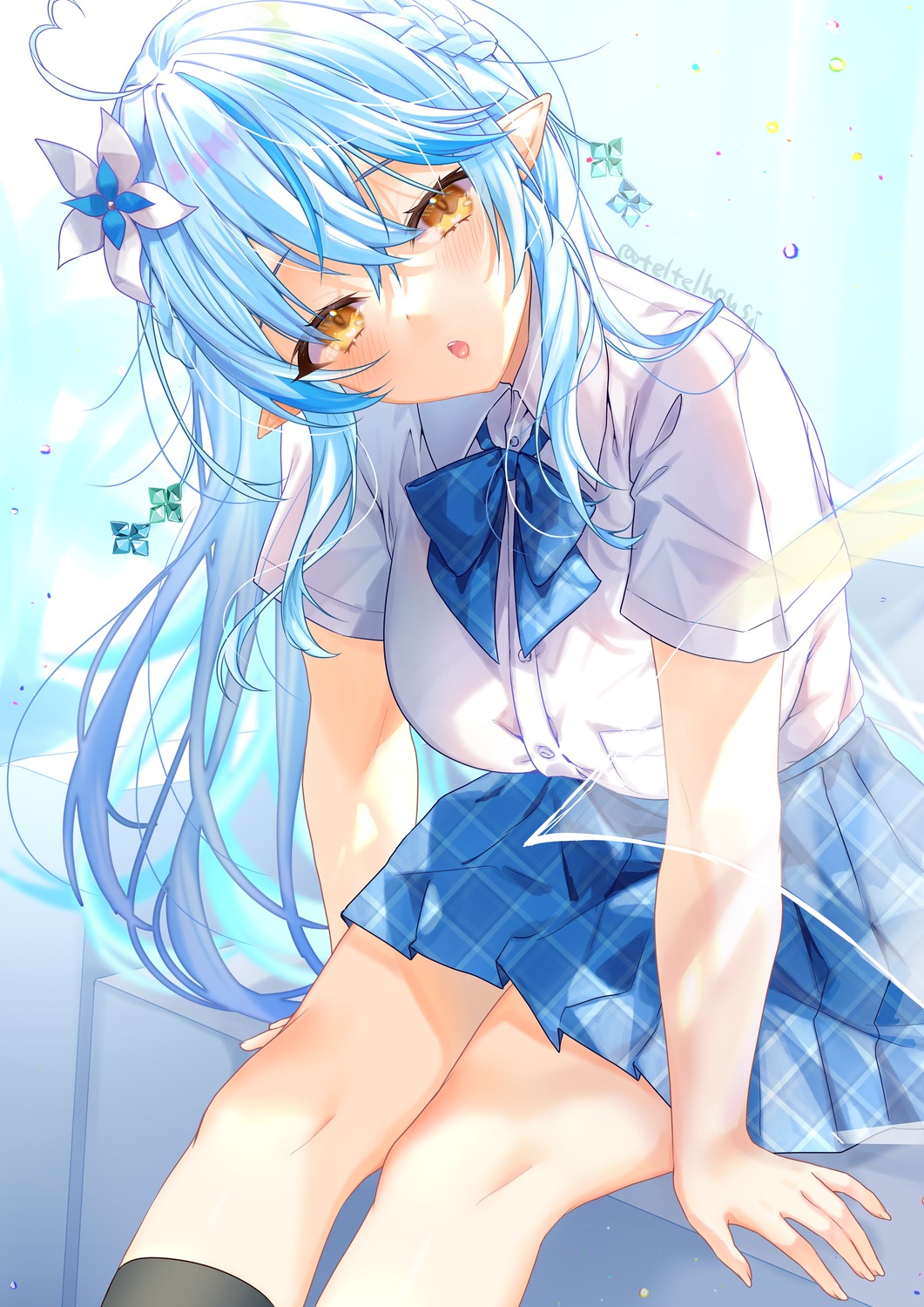 elf, hololive, pointy_ears, seifuku, teltelhousi, yukihana_lamy