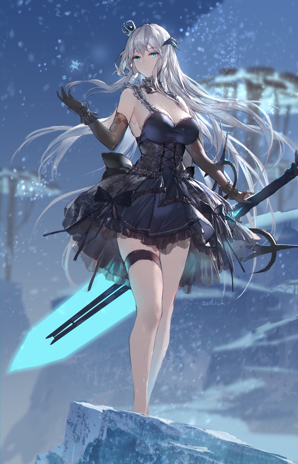 cleavage, dress, garter, meryl_(tower_of_fantasy), no_bra, see_through, swd3e2, sword, tower_of_fantasy