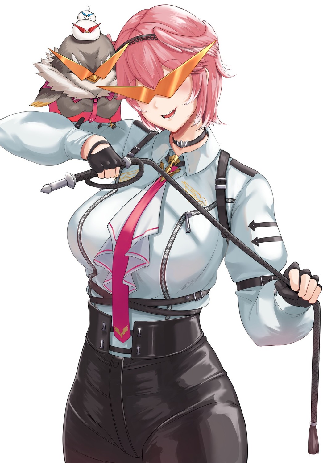 ganmo_(takane_lui), hololive, megane, razzdrawing, takane_lui, tsukune_(takane_lui), tsumire_(takane_lui), uniform, weapon, wings