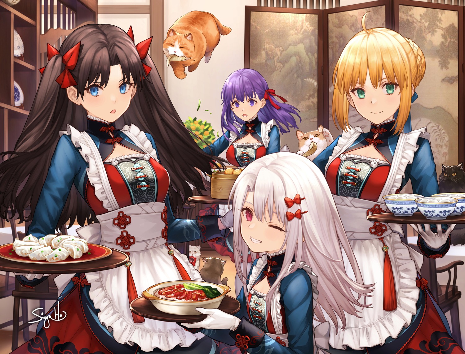 artoria_pendragon_(fate), asian_clothes, fate/stay_night, illyasviel_von_einzbern, maid, matou_sakura, neko, siya_ho