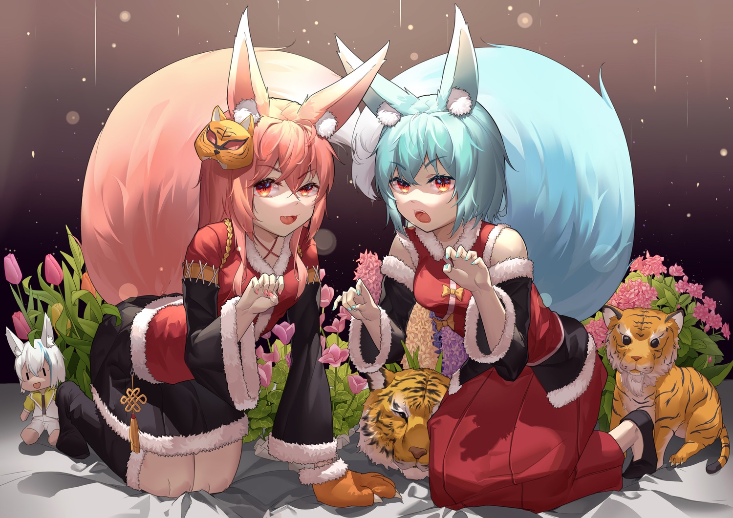 animal_ears, asian_clothes, chibi, kitsune, mouma, tail