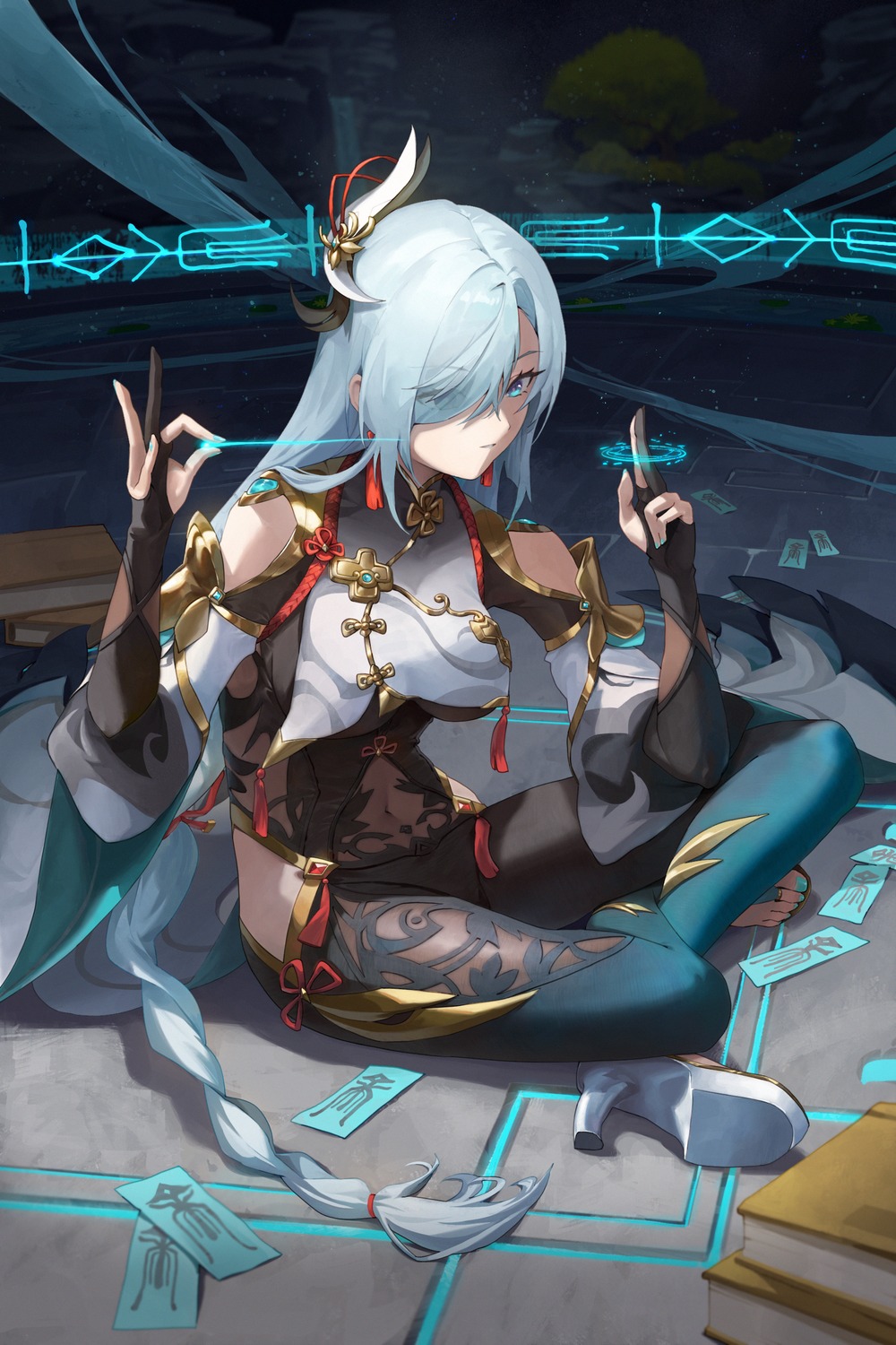 asian_clothes, bodysuit, genshin_impact, heels, ko-ma, shenhe