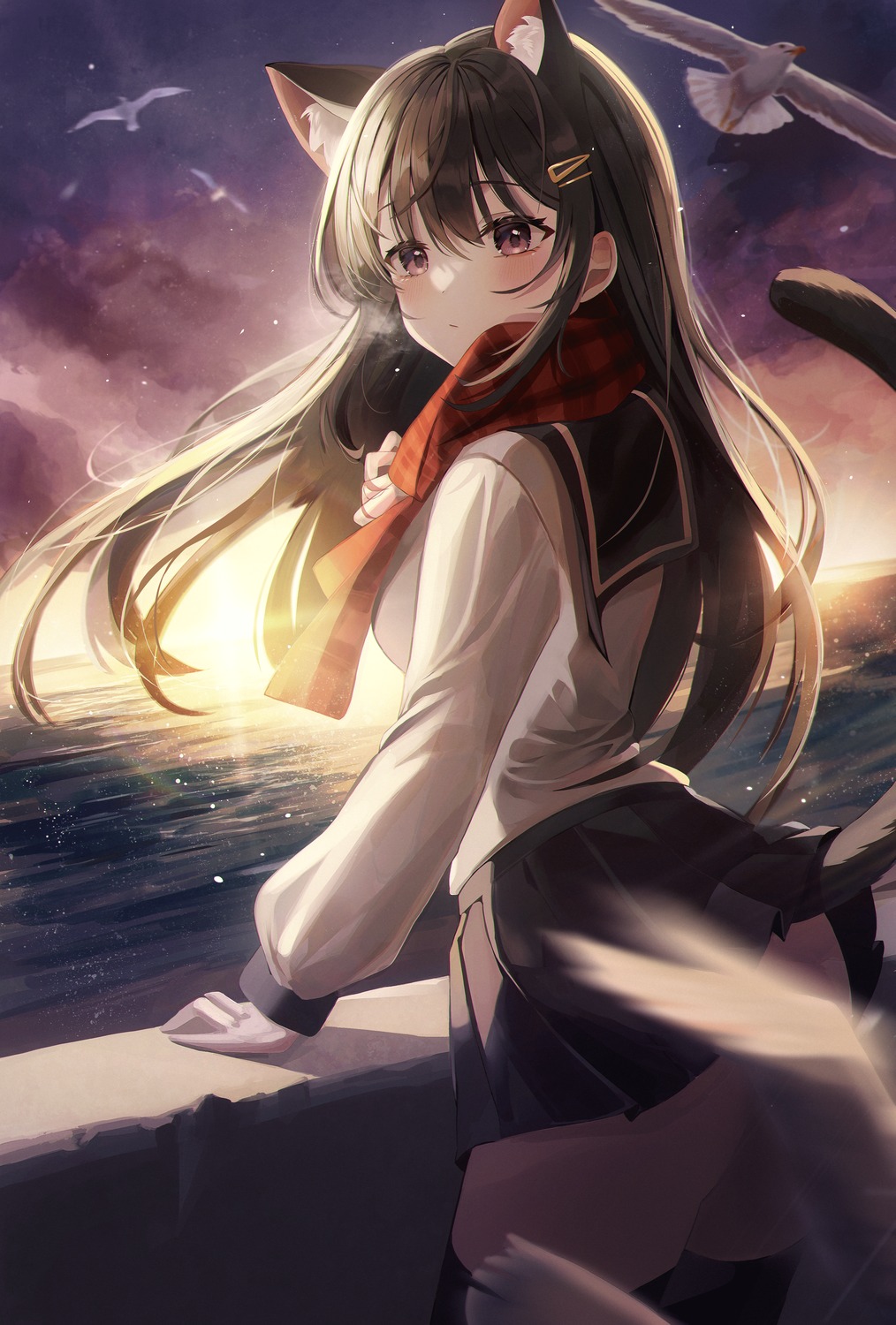 animal_ears, ass, jaduade, nekomimi, seifuku, skirt_lift, tail, thighhighs