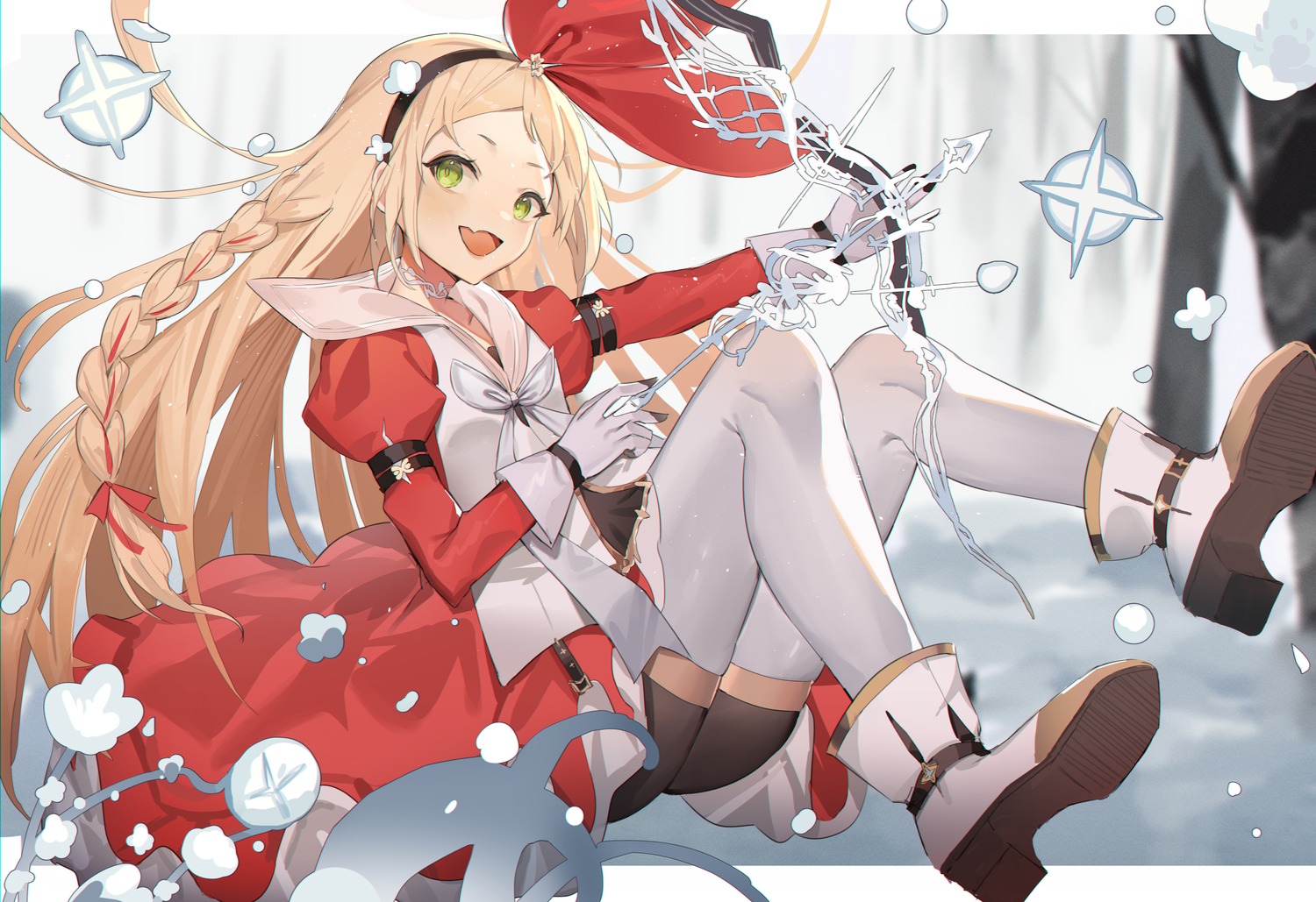 alchemy_stars, dress, garter, gurina, lola_(alchemy_stars), pantyhose, skirt_lift, weapon