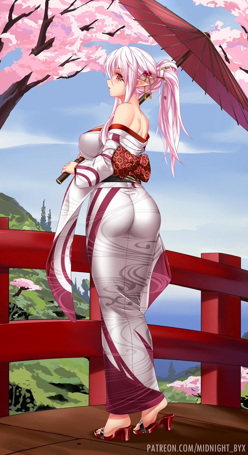 ass, heels, kimono, midnight, no_bra, open_shirt, pointy_ears, umbrella