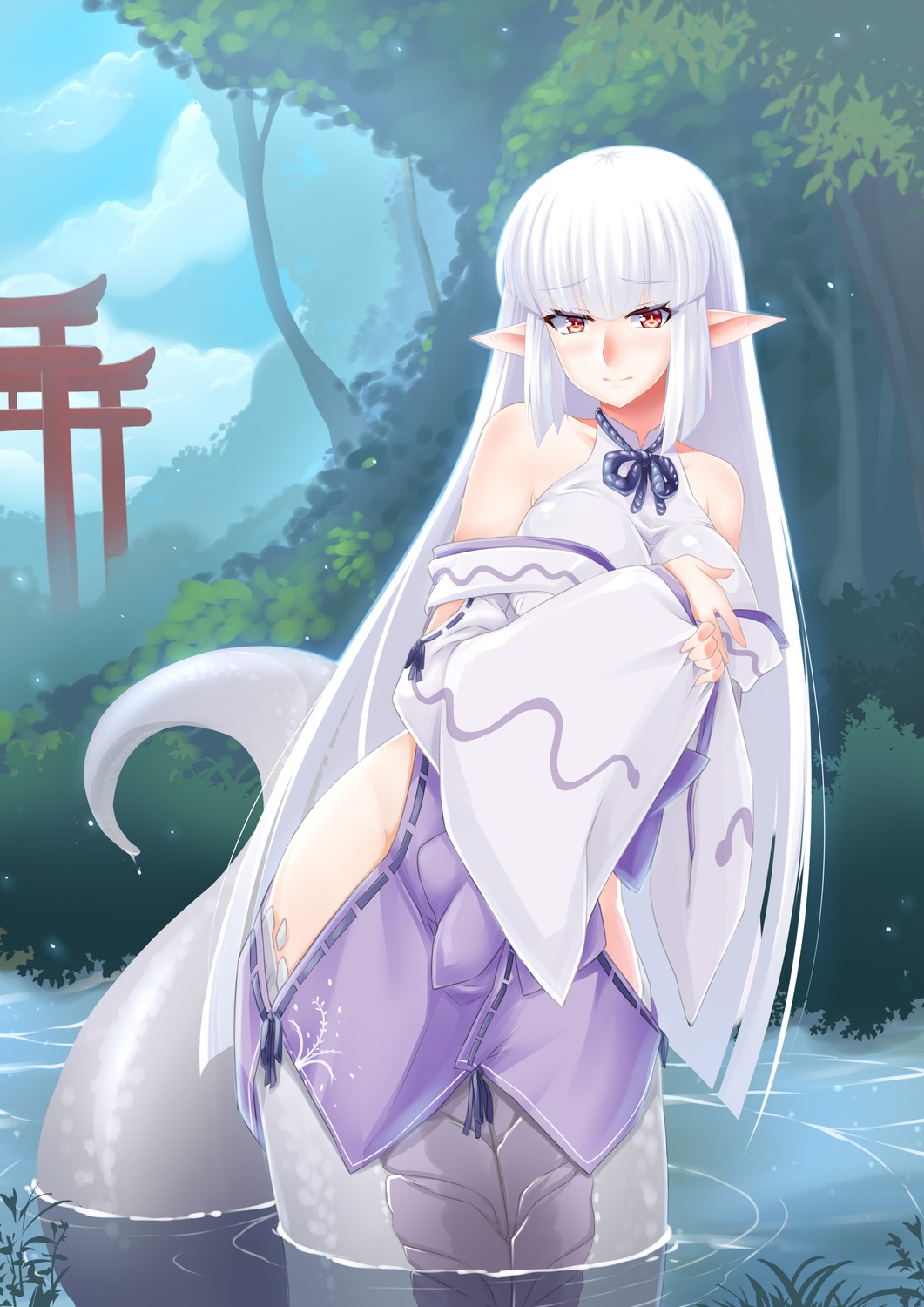 butter-t, japanese_clothes, monster_girl, monster_girl_encyclopedia, pointy_ears, shirohebi_(monster_girl_encyclopedia), tail, wet