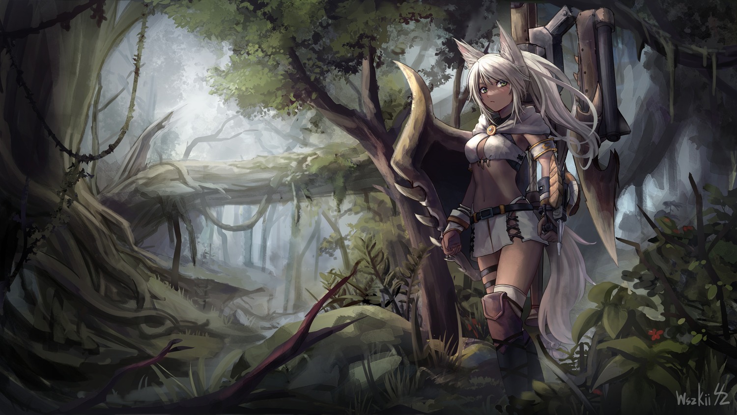 animal_ears, armor, garter, tail, thighhighs, weapon, wszkii