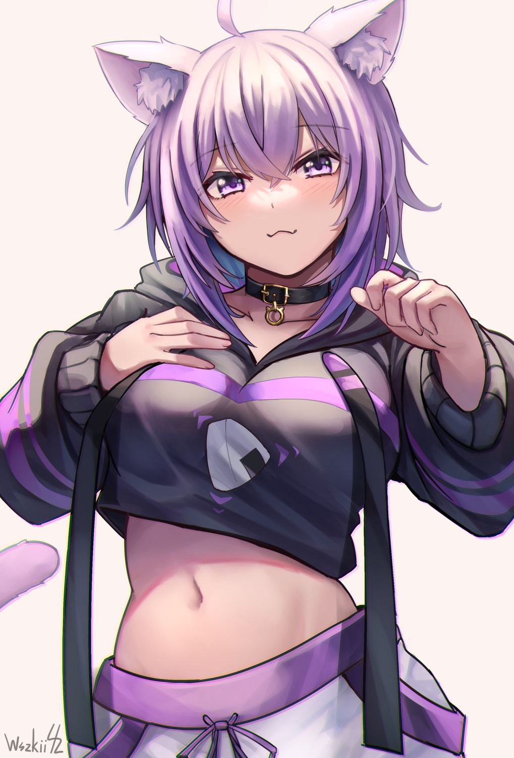 animal_ears, breast_hold, hololive, hololive_gamers, nekomata_okayu, nekomimi, tail, wszkii