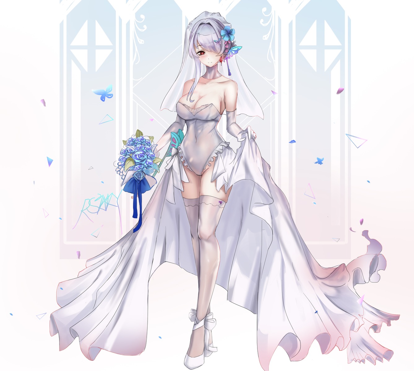 dress, no_bra, punishing:_gray_raven, rs2aky, skirt_lift, thighhighs, wedding_dress