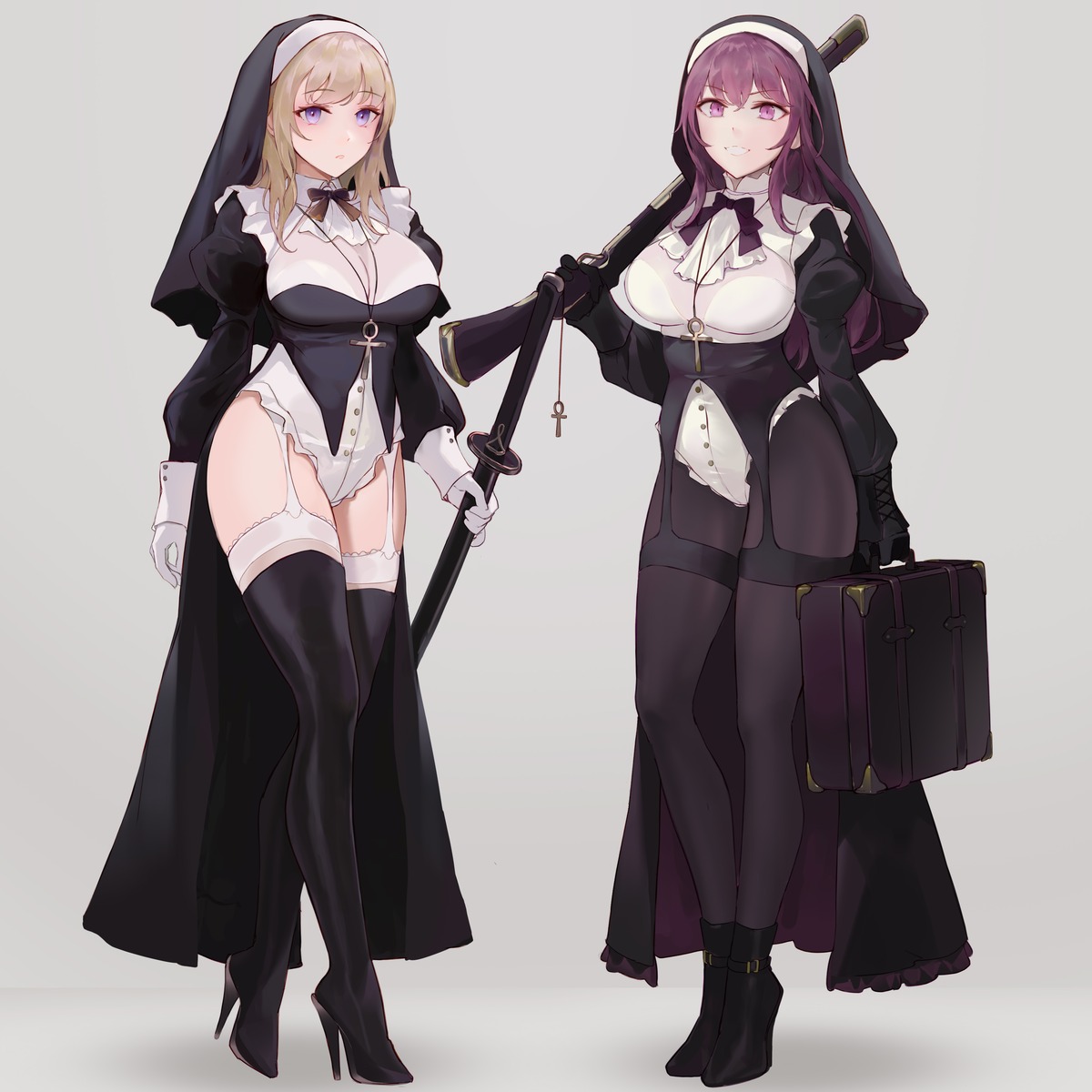 chowbie, garter, gun, heels, nun, pantyhose, stockings, sword, thighhighs