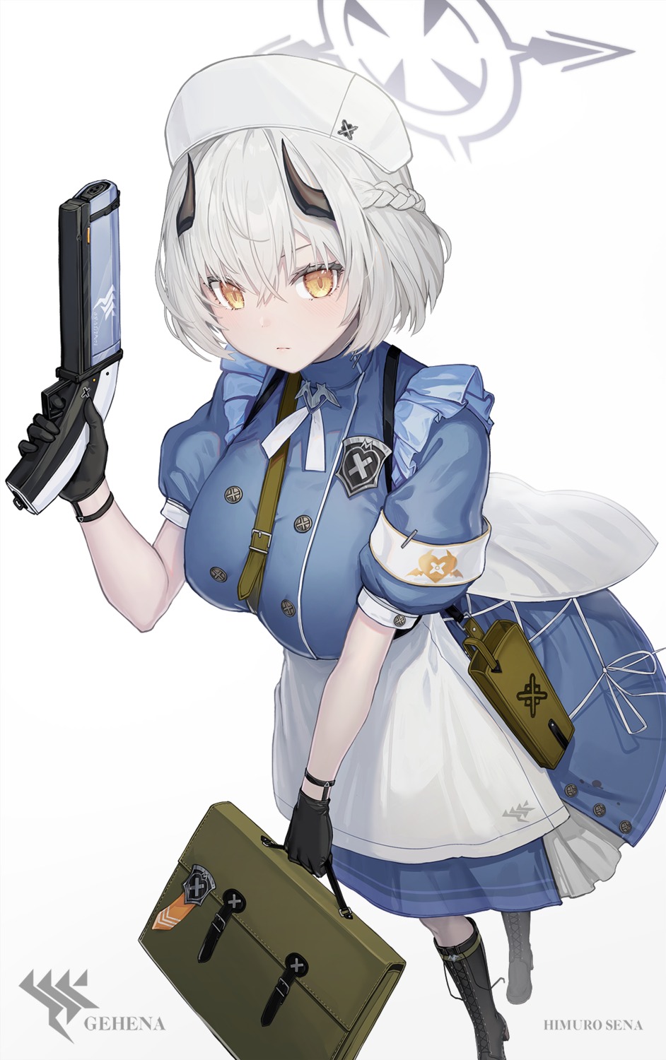 amano_misaki_(artist), blue_archive, gun, halo, heels, himuro_sena, horns, nurse