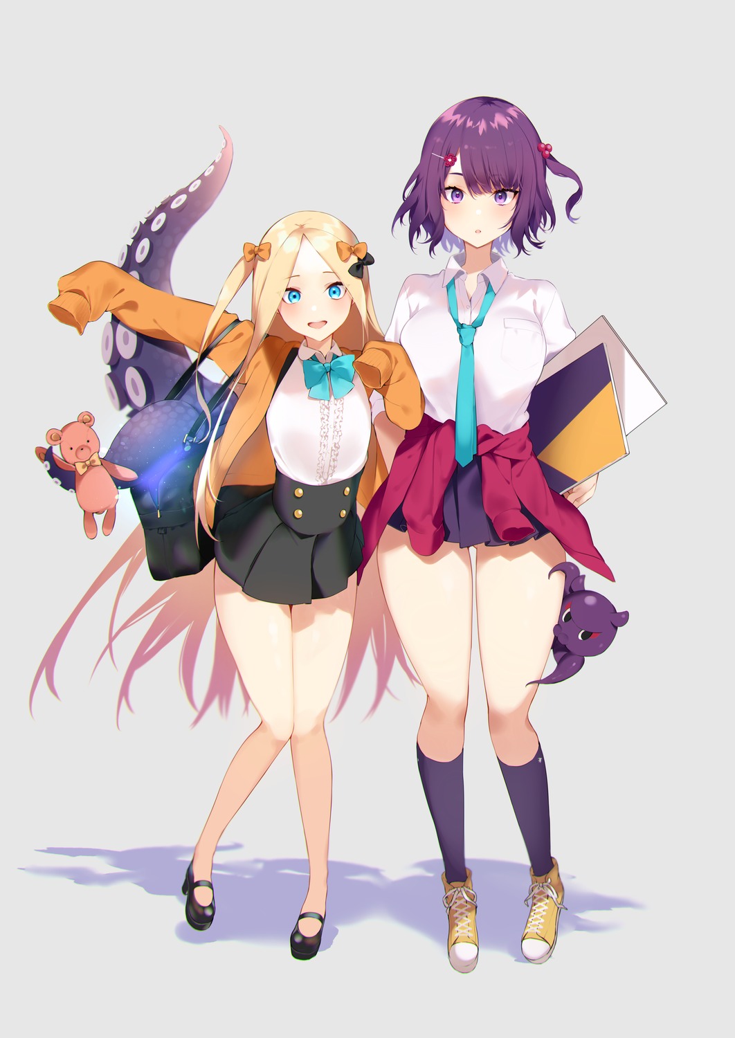 abigail_williams_(fate), danimaru, fate/grand_order, heels, katsushika_hokusai_(fate), seifuku, sweater, tentacles