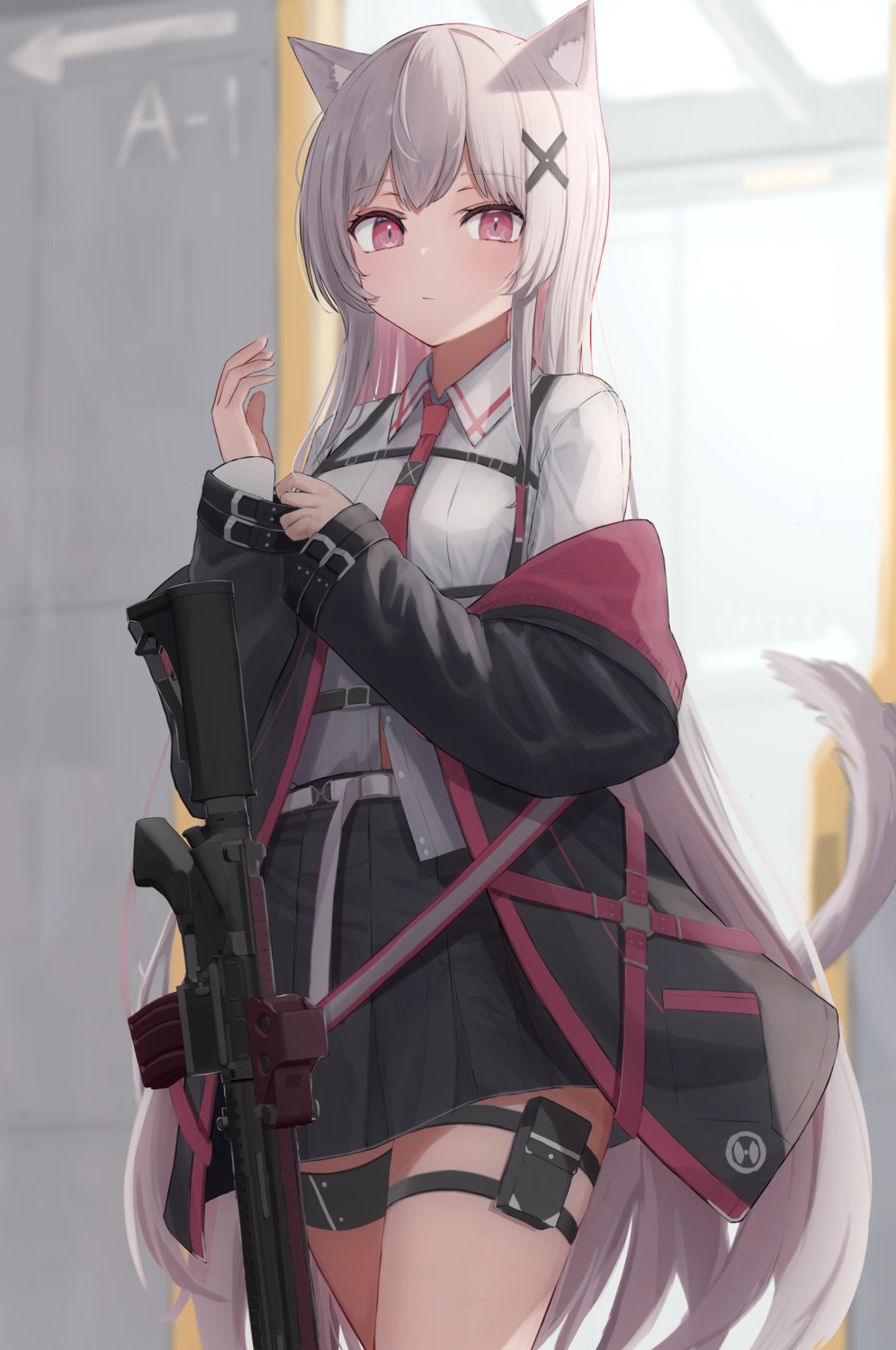 animal_ears, garter, gun, seifuku, tail, tanshio