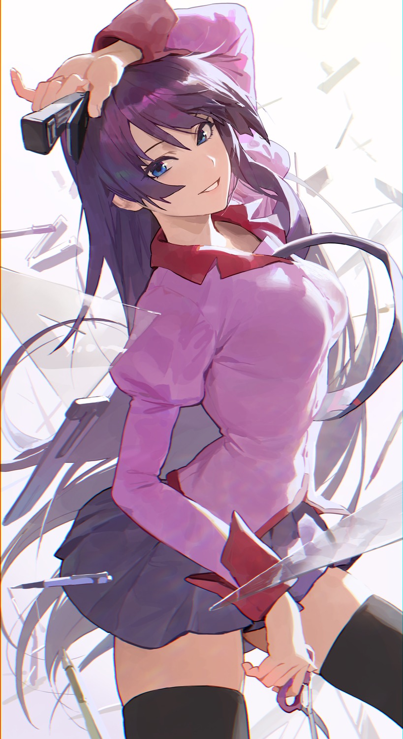 bakemonogatari, modare, monogatari_(series), seifuku, senjougahara_hitagi, thighhighs