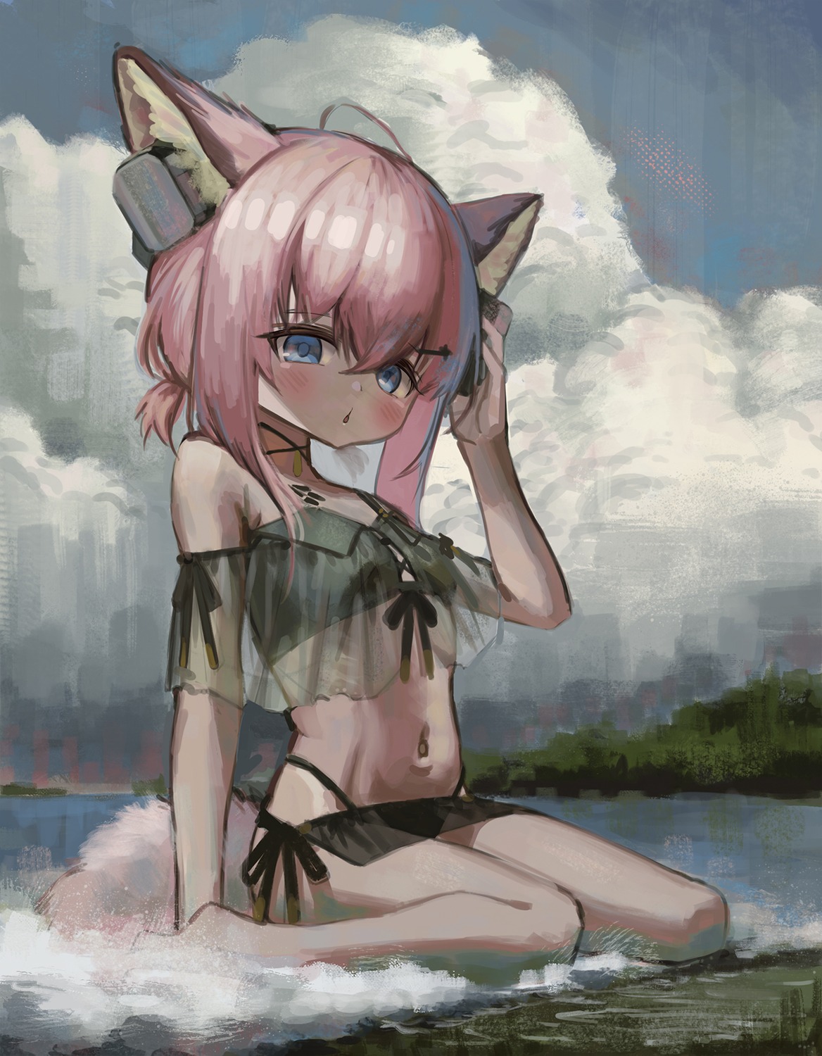 animal_ears, arknights, headphones, kanola, see_through, sussurro_(arknights), swimsuits, tail