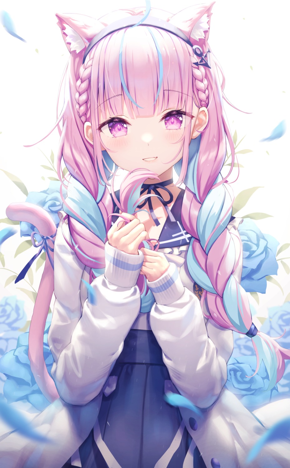animal_ears, hololive, kawami_nami, minato_aqua, nekomimi, seifuku, tail