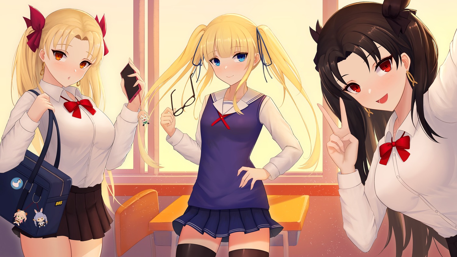 abeen_jhong, ereshkigal_(fate), fate/grand_order, ishtar_(fate), megane, saenai_heroine_no_sodatekata, sawamura_spencer_eriri, seifuku, selfie, sweater, thighhighs