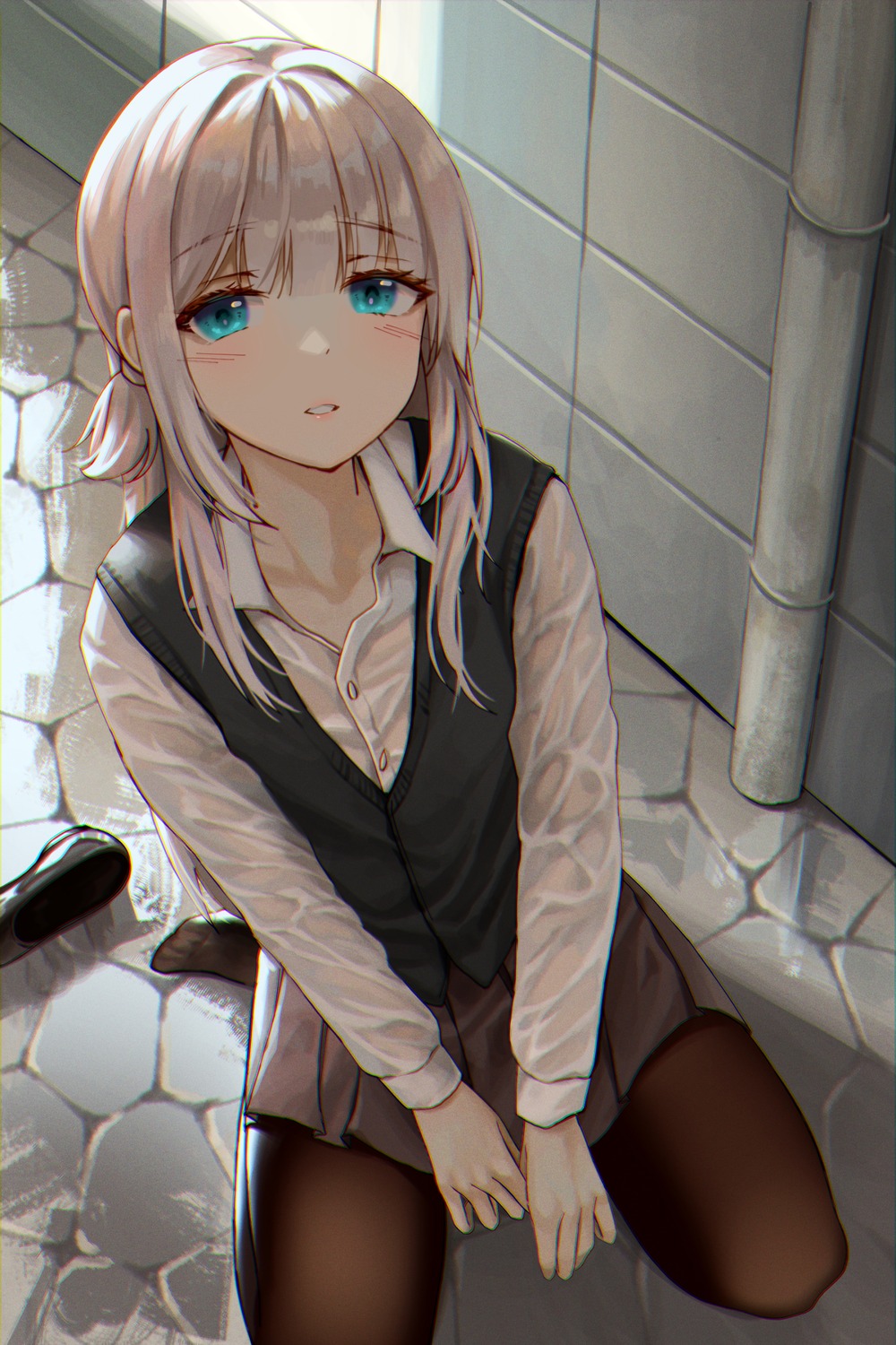 gonzz, pantyhose, see_through, seifuku, sweater, wet_clothes