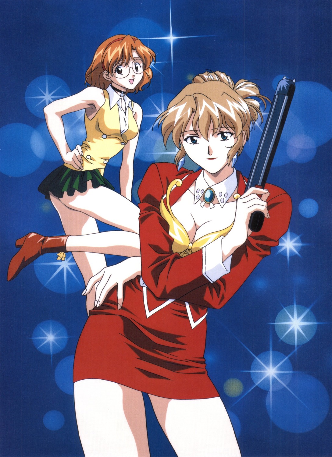 agent_aika, aida_rion, aika_(series), cleavage, gun, megane, open_shirt, sumeragi_aika