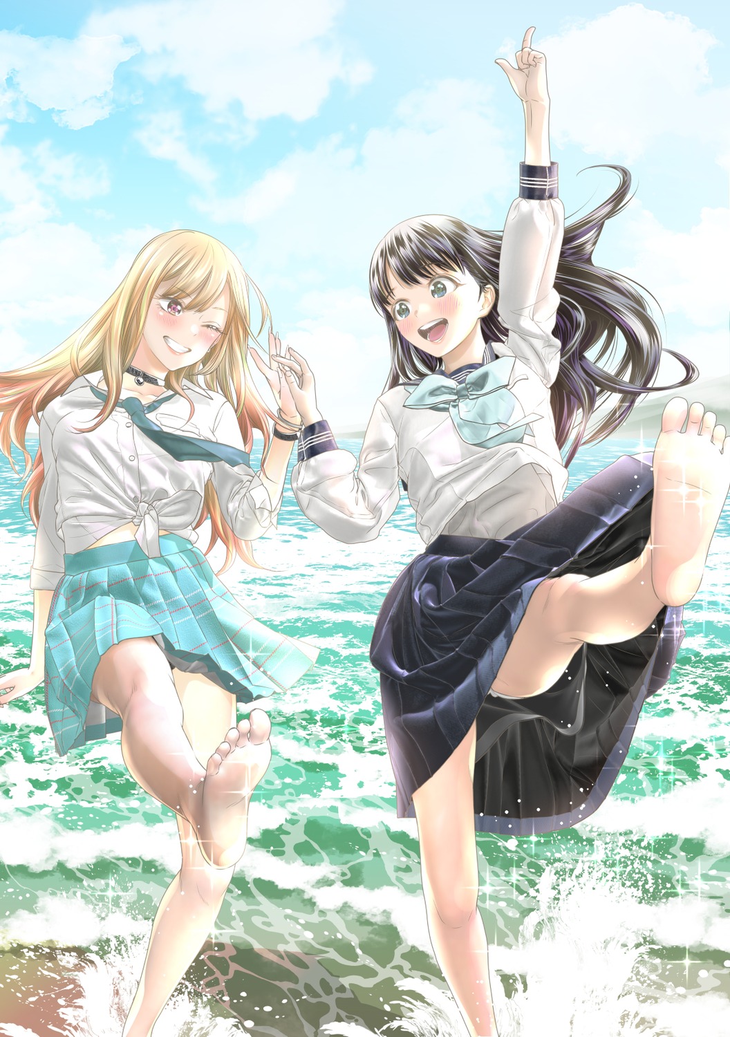akebi-chan_no_serafuku, akebi_komichi, crossover, feet, kitagawa_marin, seifuku, skirt_lift, sono_bisque_doll_wa_koi_wo_suru, tsuchima_ryuuta, wet