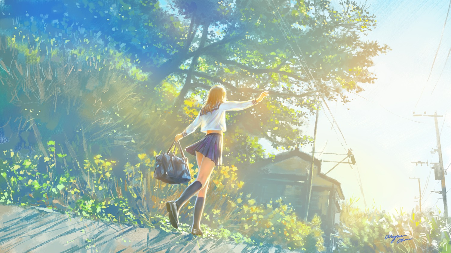 landscape, seifuku, skirt_lift, wallpaper, wayne_chan