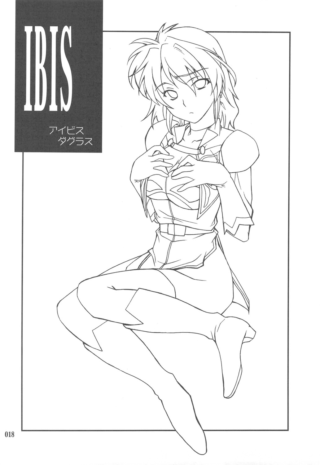 breast_hold, heels, hozumi_takashi, ibis_douglas, monochrome, p-forest, super_robot_wars, thighhighs