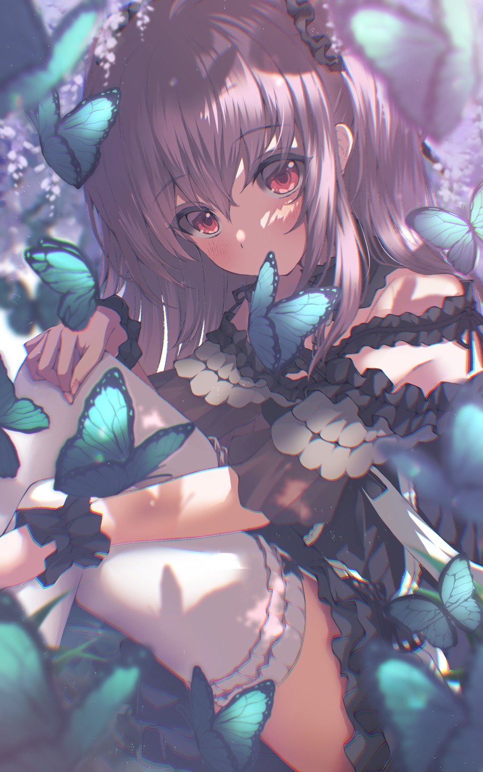 absent, dress, gothic_lolita, hololive, lolita_fashion, stockings, thighhighs, uruha_rushia