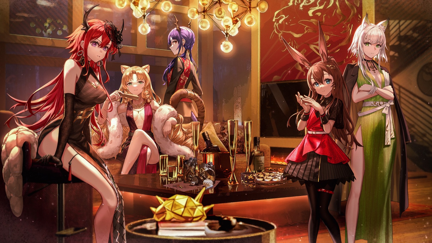 amiya_(arknights), animal_ears, arknights, bunny_ears, ch'en_(arknights), chinadress, cleavage, dress