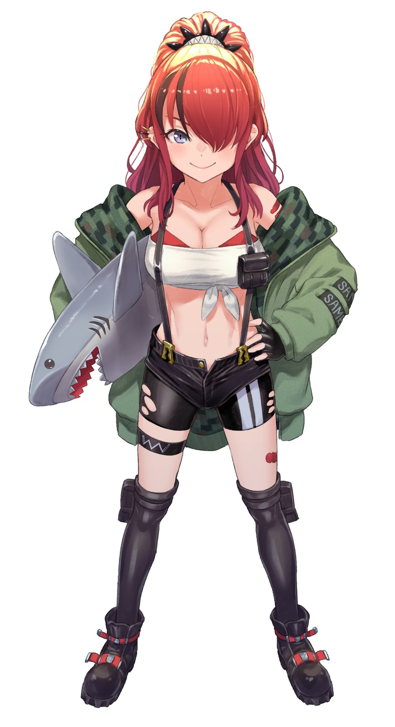 bandaid, bra, cleavage, garter, lain_paterson, nijisanji, pantsu, pointy_ears, sabamen, thighhighs, torn_clothes